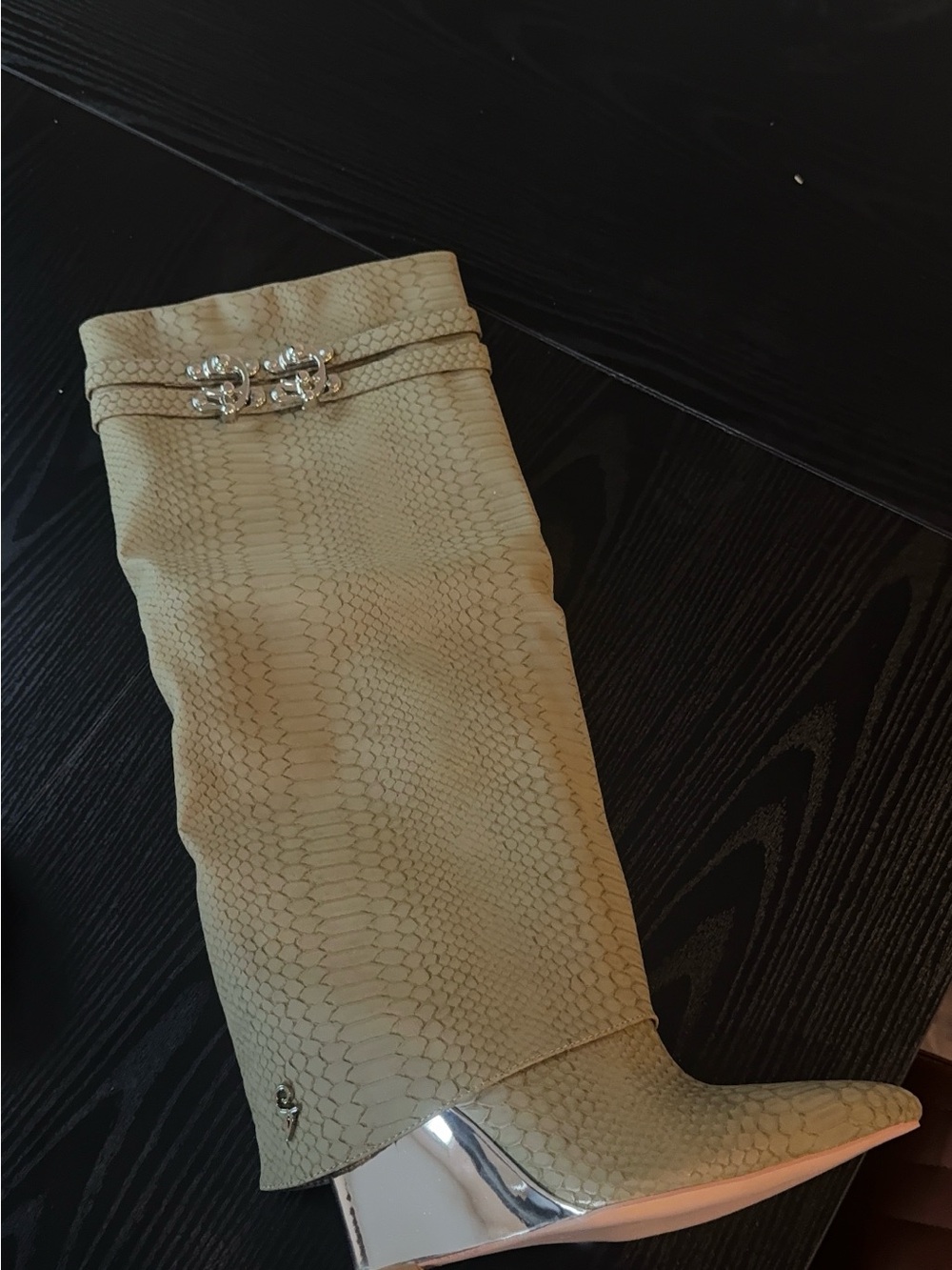 Women's Beige Snake-Embossed Knee Boot with Silver Accent